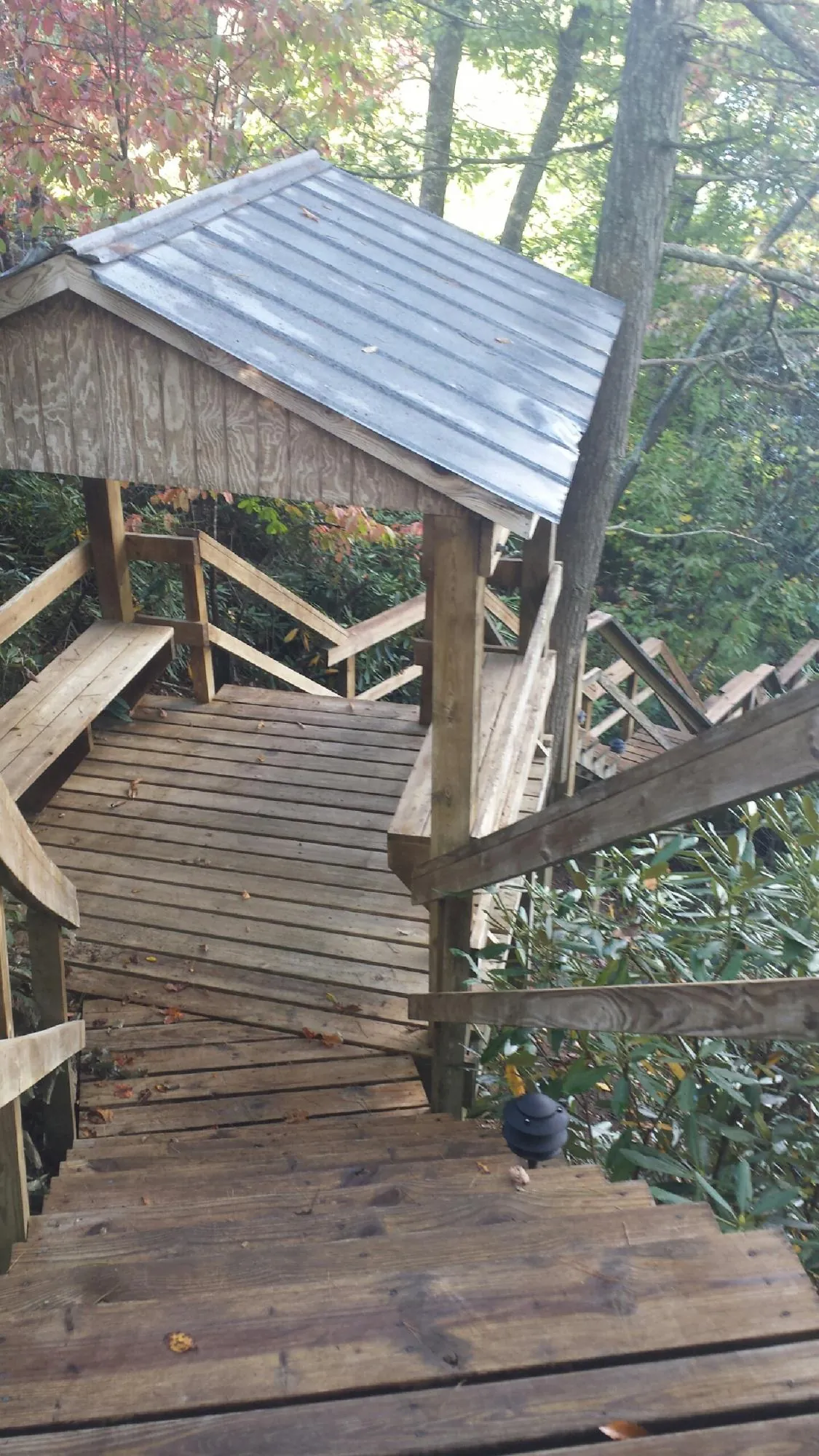Metal roofed shelter over wooden steps on a wooded walkway — Skylight Repair & Installation work by our crew in Penney Farms